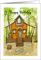 Happy Birthday General Cabin House Trees Whimsical Watercolor Painting card