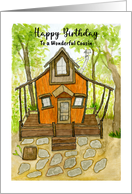 Happy Birthday Cousin Rustic Cabin House Trees Whimsical Illustration card