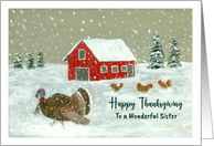 Happy Thanksgiving Sister Snowy Barnyard Turkey Farm Animal Red Barn card