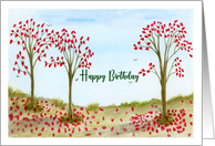 Happy Birthday General Autumn Red Trees Leaves Birds Sky Illustration card