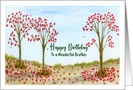 Happy Birthday Brother Autumn Red Trees Leaves Birds Sky Illustration card