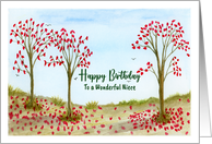 Happy Birthday Niece Autumn Red Trees Leaves Birds Sky Illustration card