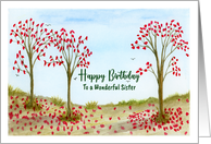 Happy Birthday Sister Autumn Red Trees Leaves Birds Sky Illustration card