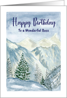 Happy Birthday Boss Snow Mountains Trees Winter Landscape Illustration card
