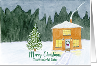 Merry Christmas Sister Evergreen Tree House Snow Winter Art Painting card