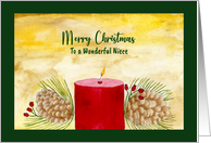 Merry Christmas Niece Red Candle Pine Cones Evergreen Berries Festive card