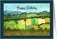 Happy Birthday General Houses Landscape Fields Mountains Illustration card