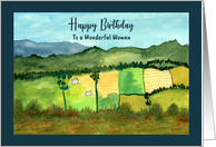 Happy Birthday For Her Houses Landscape Farm Mountains Illustration card