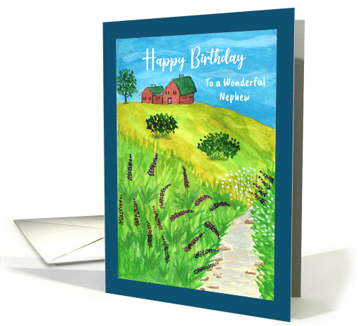 Happy Birthday Nephew Houses Landscape Creek Wildflowers Painting card