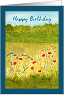 Happy Birthday General Landscape Poppy Wildflower Meadow Watercolor card