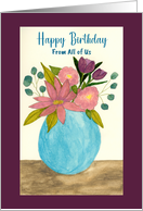 Happy Birthday From Group Pink Flowers Floral Bouquet Vase Watercolor card