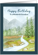 Happy Birthday Grandson Landscape Evergreen Trees Creek Mountains Art card