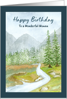 Happy Birthday For Her Landscape Evergreen Trees Creek Mountains Art card