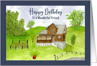 Happy Birthday Friend House Landscape Garden Trees Watercolor Painting card