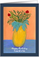 Happy Birthday From Group Red Flowers Floral Botanical Vase Painting card
