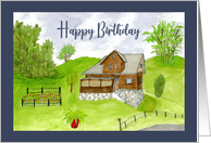 Happy Birthday General House Landscape Garden Trees Farm Watercolor card