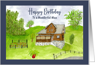 Happy Birthday For Him House Landscape Farm Garden Trees Watercolor card