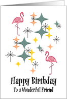 Retro Birthday Friend Mid Century Modern Pink Flamingo Diamonds Space card