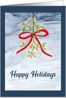 Happy Holidays General Mistletoe Berries Red Ribbon Watercolor Art card