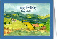 Happy Birthday From Group Tiny House Farmland Mountains Illustration card