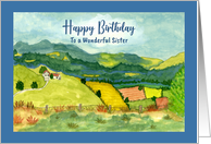 Happy Birthday Sister Farmhouse Green Pastures Mountain Landscape Art card