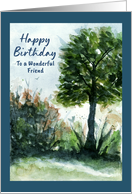 Happy Birthday Friend Landscape Tree Nature Summer Watercolor Art card