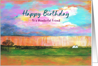 Happy Birthday Friend Farmhouse Countryside Colorful Clouds Painting card
