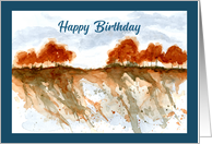 Happy Birthday General Red Trees Landscape Sky Hillside Watercolor card