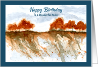 Happy Birthday Niece Red Trees Landscape Sky Hillside Watercolor Art card