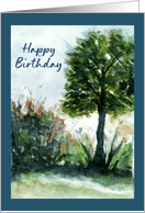 Happy Birthday General Landscape Tree Nature Summer Watercolor Art card