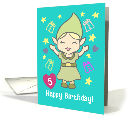 Happy Fifth Birthday Elf Presents Stars Hearts For Kids Turning 5 card