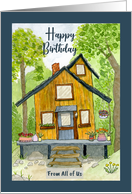 Happy Birthday From Group Cabin Woods Plants Trees Watercolor Painting card