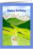 Happy Birthday General Landscape Mountains Car Road Trees Painting card