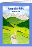 Happy Birthday Niece Landscape Mountains Car Road Trees Sky Painting card