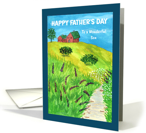 Happy Father's Day Son Farmhouse Farm Creek Wildflowers Tree Art card