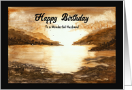Happy Birthday Husband Mountains Ocean Beach Sky Sun Watercolor card