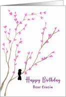 Happy Birthday Cousin Black Bird Tree Pink Blossoms Floral Watercolor card