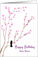 Happy Birthday Niece Black Bird Tree Pink Blossoms Floral Watercolor card