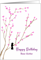 Happy Birthday Sister Black Bird Tree Pink Blossoms Floral Watercolor card