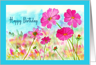 Happy Birthday General Pink Cosmos Wildflowers Botanical Bee Painting card