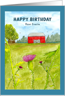 Happy Birthday Cousin Red Barn Thistle Flowers Birds Farm Painting Art card