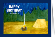 Happy Birthday From Couple Camping Tent Campfire Trees Night Sky Stars card