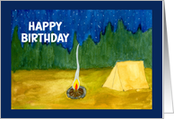 Happy Birthday General Camping Tent Campfire Trees Night Sky Stars Art card