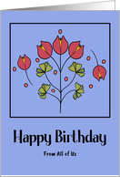 Happy Birthday From Group Red Flowers Floral Botanical Leaves Folk Art card