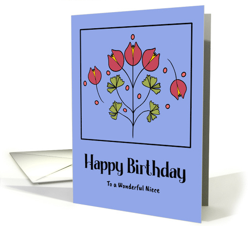 Happy Birthday Niece Red Flowers Floral Botanical Leaves Folk Art card
