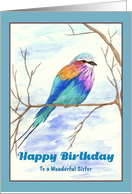 Happy Birthday Sister Lilac Breasted Roller Bird on Branch Watercolor card