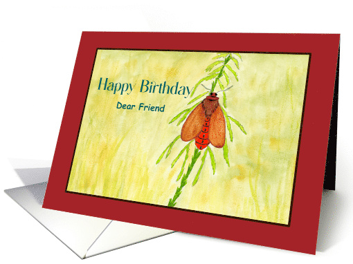 Happy Birthday Friend Red Moth Nature Insects Watercolor Painting card
