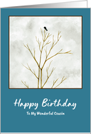 Happy Birthday Cousin Lone Black Bird Tree Limbs Clouds Watercolor card