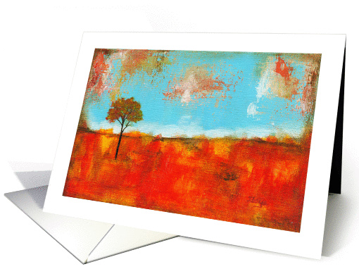 Rapture, Lone Skinny Red Tree, Abstract Art Landscape Painting card