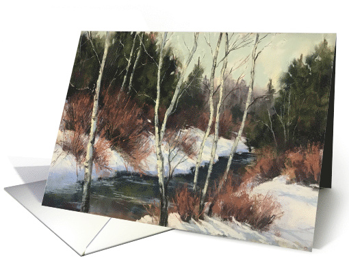 Winter Snow and Ice on the Stream with Aspens Christmas Holidays card